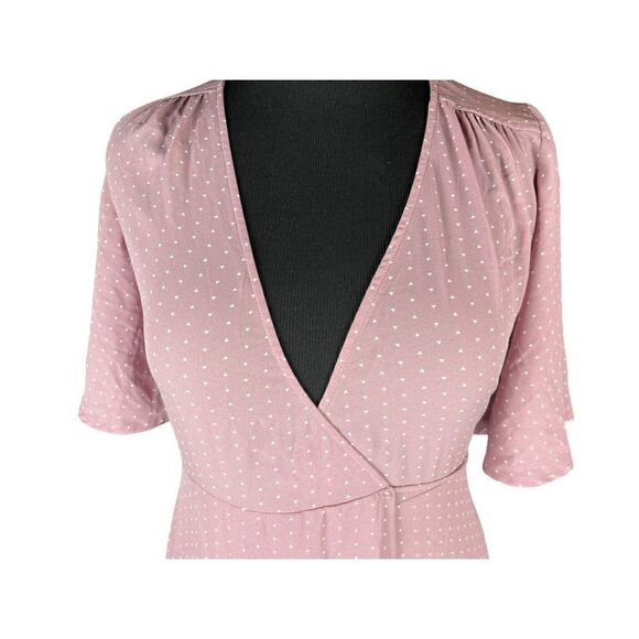 Lulus Farah Mauve Print Midi Wrap Dress high low dainty white triangles small - Picture 4 of 9